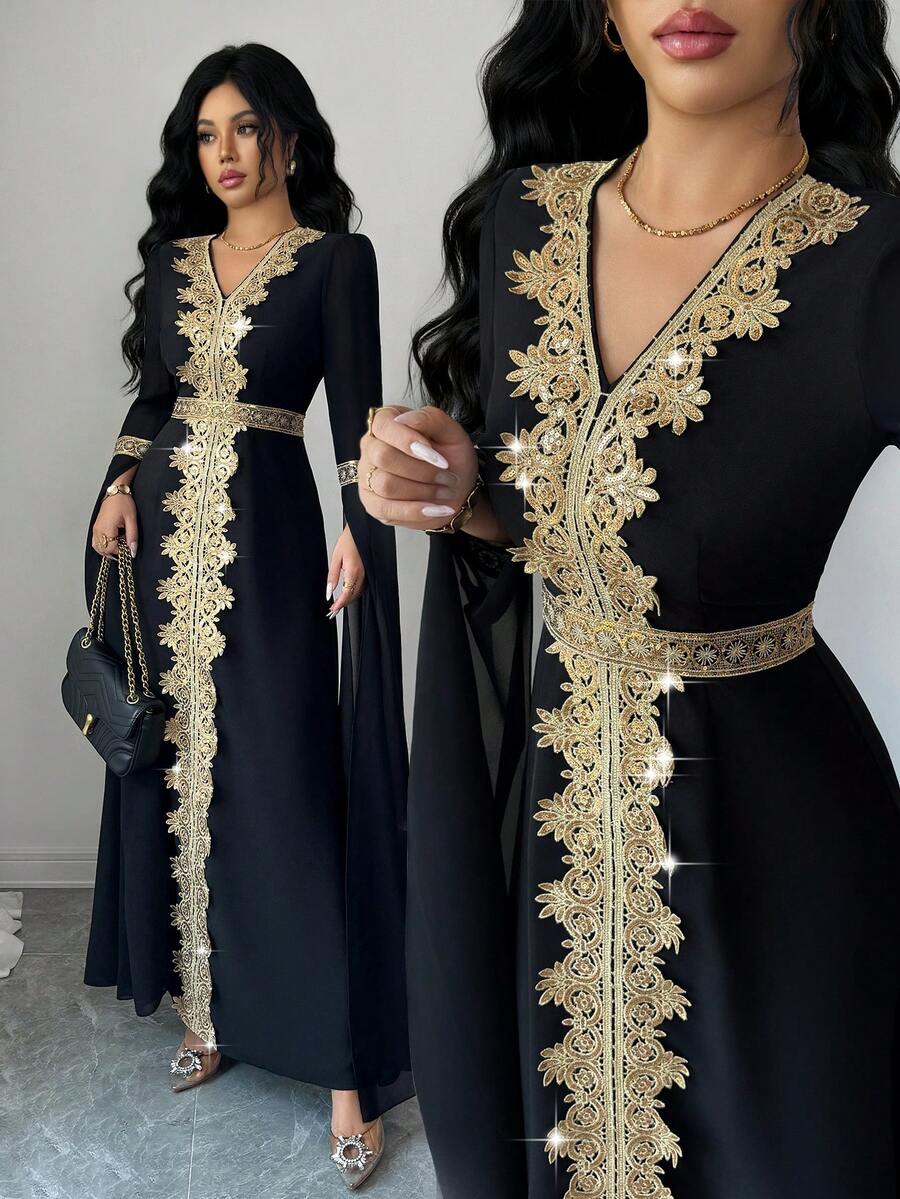 Elenzga Women's Elegant V-Neck Floral Lace Trim Waist Flared Maxi Abaya Dress, Solid Black/Gold, Early Spring - Black - View 1