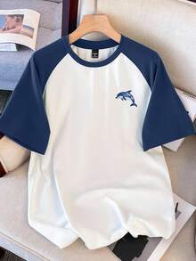 Manfinity Joysei Navy Blue & White Contrast Dolphin Print Men's Raglan Sleeve T-Shirt