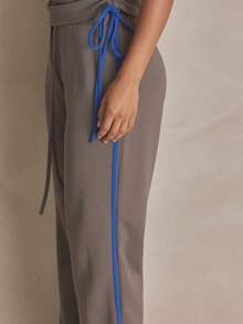 MUSERA Ribbed Straight Leg Pants Tie Waist Summer, Sporty, Casual, Day, Streetstyle, Streetwear - Dark Grey - View 2