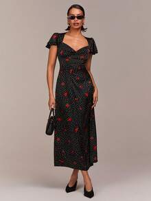 COSMINA Elegant Black Floral Summer Tea Party Dress,Sweetheart Neck Ruffle Sleeve Digital Floral Print Dress,Commuter Valentine's Day Date Dress For Women - Multicolor - View 2