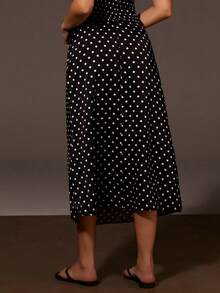 Athîral Women's Casual Polka Dot Long Skirt, Black Skirt, Date And Party , Casual Skirt, Outdoor , Cute, Valentine's Day , Satin Woven Fabric - Black and White - View 5