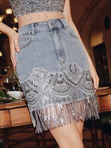 Anewsta Women's Romantic Sequins Sequin Tassel Elastic Bodycon Mini Skirt, Suitable For Valentine's Day Party, Blue - Blue - View 5