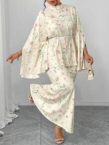 Elenzga Bộ đồ 2 mảnh cỡ lớn dành cho nữ: Áo kiểu dáng rộng rãi cổ tròn dáng chữ A tay cánh dơi họa tiết hoa nhí màu mơ và chân váy đuôi cá cạp chun co giãn kèm thắt lưng, thanh lịch và thời trang cho các bữa tiệc, tiệc trà chiều, đi làm, phù hợp với phong cách Trung Đông và Âu Mỹ. - Nhiều màu - Xem 1