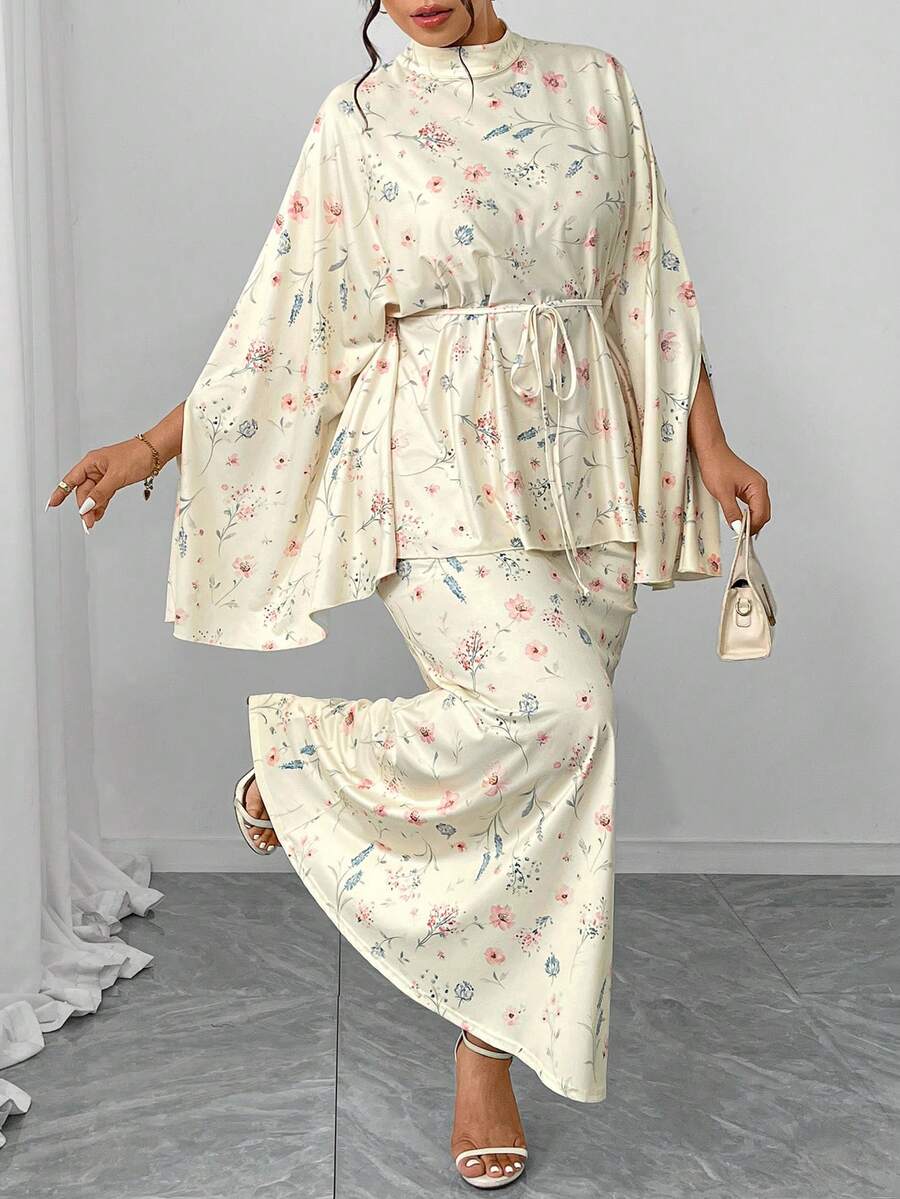 Elenzga Bộ đồ 2 mảnh cỡ lớn dành cho nữ: Áo kiểu dáng rộng rãi cổ tròn dáng chữ A tay cánh dơi họa tiết hoa nhí màu mơ và chân váy đuôi cá cạp chun co giãn kèm thắt lưng, thanh lịch và thời trang cho các bữa tiệc, tiệc trà chiều, đi làm, phù hợp với phong cách Trung Đông và Âu Mỹ. - Nhiều màu - Xem 1