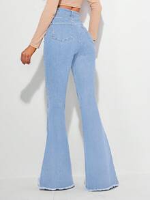 SHEIN Unity 毛边喇叭复古牛仔裤，高腰，纯色，修身版型，时尚简约 - 淺色水洗藍 - 查看 2