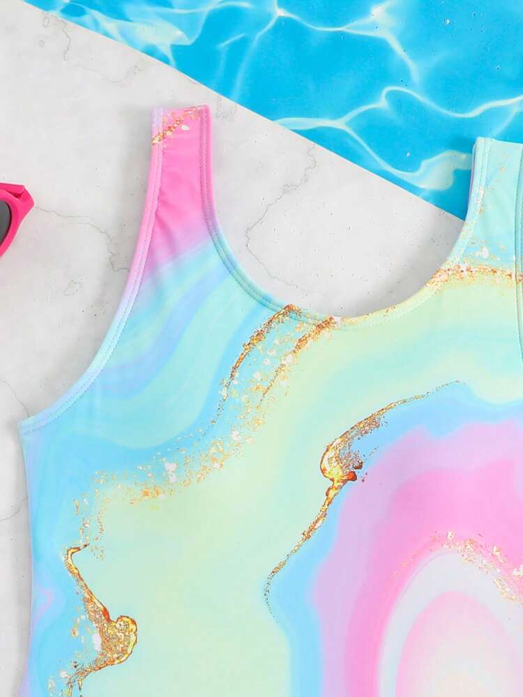 SHEIN Tween Girls' Two Piece Swimsuit Set, Featuring A Pastel Marble Print One-Piece And Matching Swim Shorts, Is Perfect For Beach And Pool Fun. Made From Soft, Stretch, Quick-Dry Fabric, This Swimwear Highlights "Fashion Kids Swimwear," "Cute Summer Suit," And "Colorful Girls' Swimsuits 16 Year Old Girl Swim Suite Teen Girl Swim Suit 12 Year Old Bathing Suit Bright Colors Multicolor Teen Girl Swimsuit Tween Girl Swimsuit One Piece Teen Girl Marble Print One Piece - Multicolor - View 6
