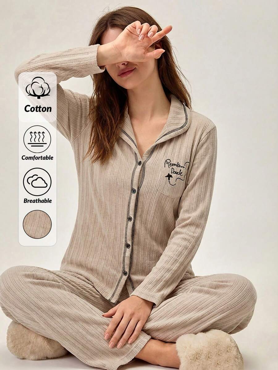 Loomlin Women's Contrast Color Piping Plaid Print Ribbed Long Sleeve Top & Pants Pajama Set - Apricot - View 1