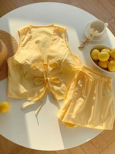 Comfortcana 2pcs Women Summer Solid Color Front Tie Tank Top And Shorts Set