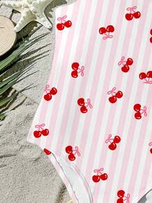 SHEIN 可爱复古ins风樱桃粉条纹印花图案，少女休闲简约连体泳衣，适合夏季、海滩度假拍照、亲子装、第一次海滩之旅、暑假、泳池派对、夏令营、田园风等场合。 - 彩色 - 查看 7