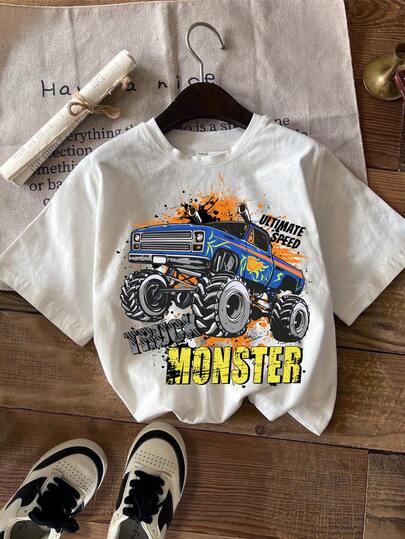 SHEIN ModeFlare Wear 怪兽卡车图案男童休闲简约卡车印花圆领短袖T恤，棉混纺面料，适合夏季穿着