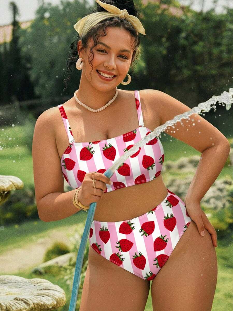 Swim Mod 大码女式豹纹极简吊带泳衣套装 - 彩色 - 查看 1