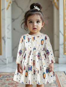 SHEIN Abito elegante e comodo da bambina con stampa di lanterne in stile mediorientale, adatto per l'autunno e le vacanze, manica lunga - Bianco - Visualizzare 4