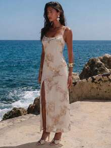 Nevyona 女士碎花露背系带长裙，休闲度假/派对装扮 - 淡黃色 - 查看 4