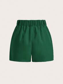 Zolique Quần short nữ màu trơn xếp ly có túi, kiểu dáng thường ngày. - Màu xanh lá cây đậm - Xem 2