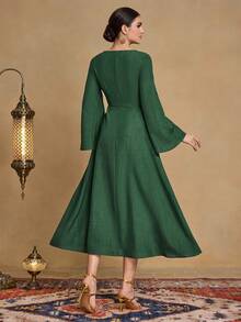 SHEIN Najma Fashionable New Heavy Embroidered Modest Arabic Style Dress For Women - Army Green - View 2