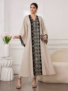 Al Najma Women's Retro Sequin Embroidery Tassel Sleeve V-Neck Maxi Arabic Robe - Multicolor - View 7