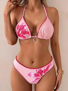 Swim Vcay Maillot de bain 2 pièces pour femmes, Top à col ras-du-cou avec nœud, imprimé floral, ensemble de natation décontracté et pour les vacances - Multicolore - Voir 5