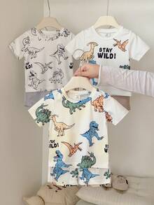 Vintaside Kids Bộ 6 món áo thun ngắn tay cổ tròn và quần short in hình khủng long hoạt hình cho bé trai, thích hợp mặc hàng ngày, ngoài trời, thể thao, đi học, mùa xuân/hè. - Nhiều màu - Xem 3