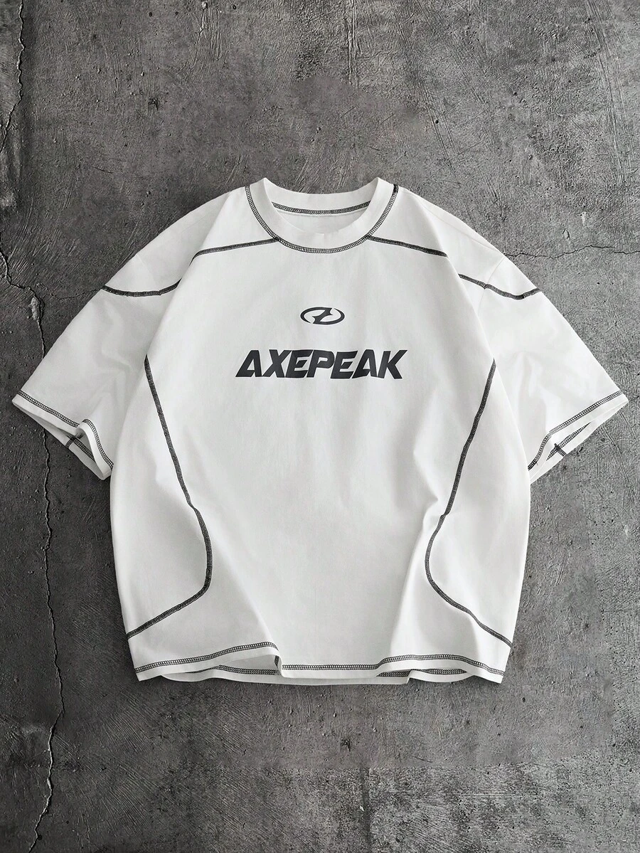 AXEPEAK Men's Fashionable Street Letter Graphic Round Neck Short Sleeve T-Shirt, Summer - White - View 1