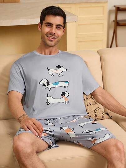 Velminro Men's Casual Comfortable Short Sleeve Loungewear Set Mens Dog Print Pajamas Men Pajama Set