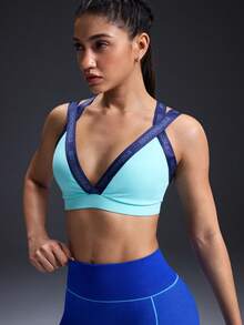 Powerista 女士夏季时尚字母提花透气运动文胸 - 藍色 - 查看 5