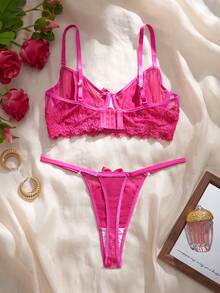 2pcs Set Magenta Lace Underwire Bra & Panty Set - Hot Pink - View 2