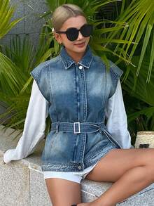 DAZY 女士方领无袖系带宽松牛仔背心，休闲牛仔上衣 - 中等水洗藍 - 查看 1