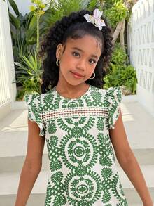 Tween Girls' Vacation Casual Woven Floral Patchwork Ruffle Trim Loose Pullover Vacation Dress,Kids - Blue and White - View 7