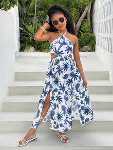 Tween Girl Fashionable Printed Hollow-Out Backless Tie-Up Casual Vacation Sleeveless Dress, Bohemian Music Festival Summer Beach Vacation Halter Dress - Blue - View 4