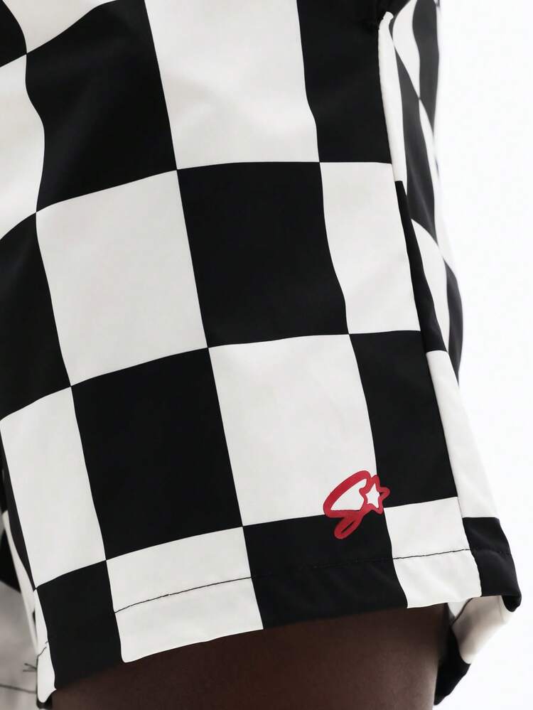Checkered Board Shorts With Elastic Waistband