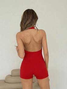 SHEIN ICON Bộ jumpsuit ôm sát cổ cao hở lưng màu đen dành cho nữ, kiểu dáng cơ bản thường ngày. - Đỏ - Xem 2