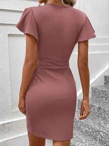 SHEIN Clasi Vestido Casual Feminino de Cor Sólida, Decote em V e Manga Curta, Estilo Minimalista - bordô - Visão 2