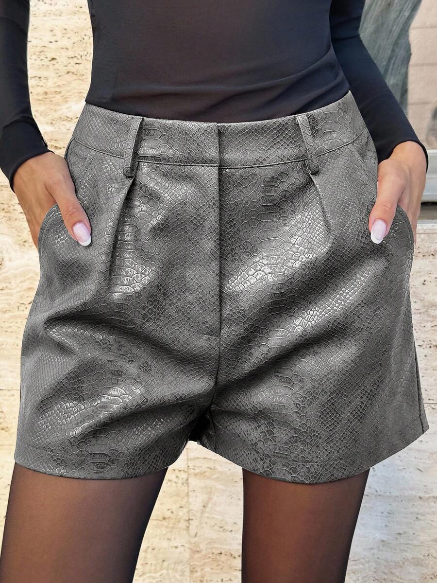 Lavishia Women's Textured Minimalist Everyday PU Shorts - Grey - View 1