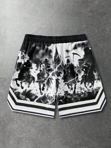 ROMWE MEN Street Life Men's Casual Dark Print Loose Shorts, Summer - Black - View 2