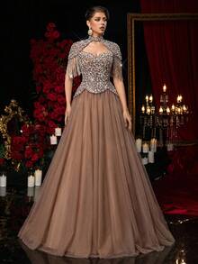 Glamrae 优雅奢华的串珠亮片花卉可拆卸外套和薄纱长裙，适合婚礼、派对、度假、盛会、正式场合（装饰繁复） - 藕粉色 - 查看 5