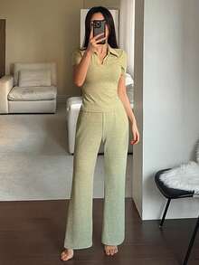 DAZY 女士简约针织纯色 Polo 领短袖上衣和裤子家居服套装 - 綠色 - 查看 3
