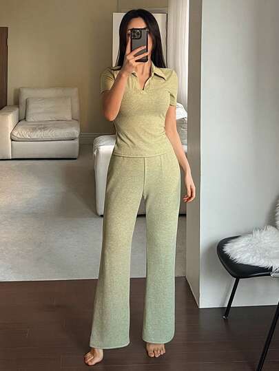 DAZY Women's Simple Knit Solid Color Polo Collar Short Sleeve Top And Pants Loungewear Set