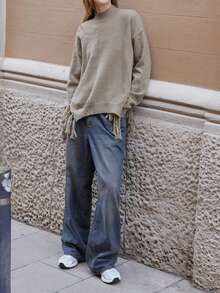 Maija Women's Khaki Versatile Modern City Loose Drop Shoulder Round Neck Pullover Sweater, With Side Fringe Detail, All Season Hippie - Khaki - View 4