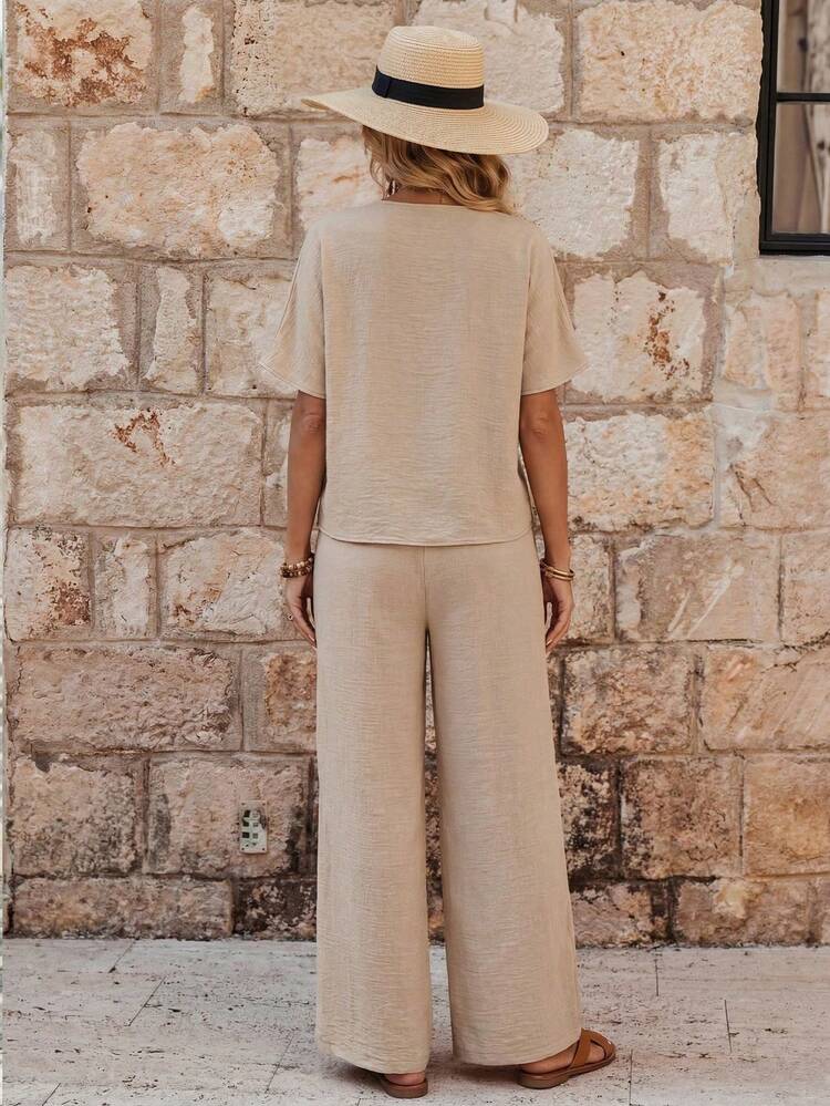 Women's Summer Casual Solid Color V-Neck Batwing Sleeve Button Front Top And Loose Wide Leg Pants 2 Pieces Set Co Ord Set Summer Two Pieces Pant Set Women Summer Two Pieces Set Lounge Sets For Women Sets 2 Pieces Women Matching Sets Women Set 2 Pieces Set