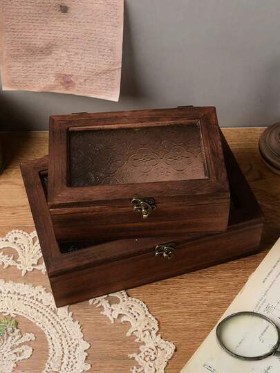 1pc Vintage Handmade Wooden Jewelry Box - With Embossed Metal Lid, Retro Brown Wooden Storage Box With Clasp, Nordic Style Desktop Organizer Box For Storing Jewelry, Small Accessories, Cosmetics