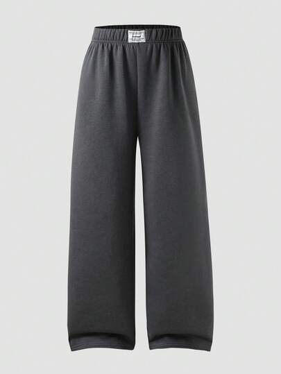 SHEIN ChillGRL 1pc Oversized Women/Teen Gray Washed Waistband Straight Leg Extra Long Pants, Autumn/Winter Wide Leg Sweatpants Comfy Pants Grey Pants