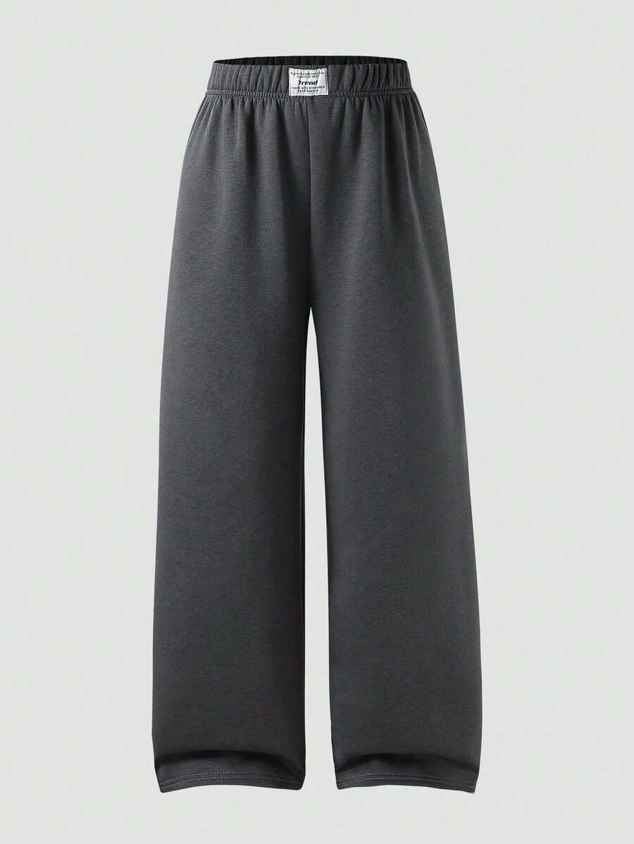 SHEIN ChillGRL 1pc Oversized Women/Teen Gray Washed Waistband Straight Leg Extra Long Pants, Autumn/Winter Wide Leg Sweatpants Comfy Pants Grey Pants - Dark Grey - View 1