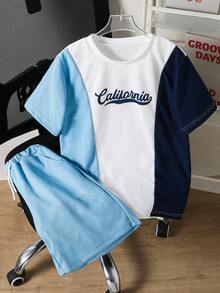 Vacaura 2pcs/Set Tween Boys' Blue, White & Navy Patchwork T-Shirt Paired With Blue Shorts, Soft & Comfortable Fabric, Suitable For Summer Outings, Photoshoots, School, And Various Occasions - Multicolor - View 6