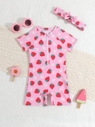 Baby Girl Strawberry Print Zipper Half-Placket Raglan Sleeve Swimsuit, Summer Beach Vacation Baby Strawberry Swimsuit Strawberry Outfit Strawberry Outfits For Girls Baby Girl Swimsuit Baby Girl Swimsuit Strawberry Swimsuit Baby Girl Sun Protection Shirt Baby Girl Strawberry Clothes