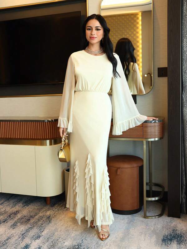 Veilorie Đầm nữ màu trơn cổ tròn tay loe viền bèo nhún kiểu Ả Rập thanh lịch