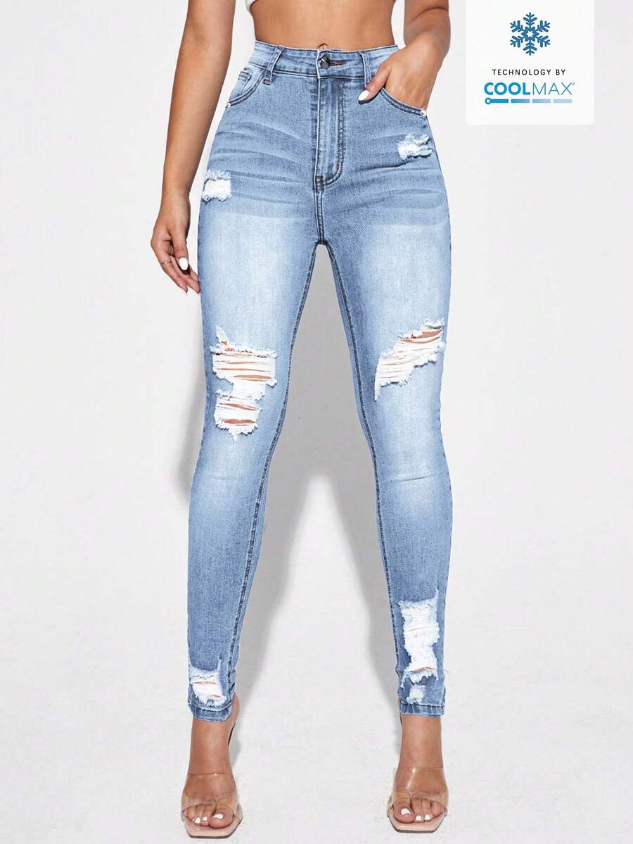 EMERY ROSE بنطلون جينز ضيق كاجوال بجيوب مائلة مشوه باللون الأحادي - الأزرق - مشاهدة 1