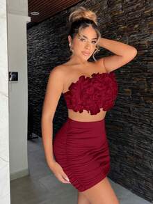 SHEIN SXY 2pcs Set: 3D Floral Trim Bandeau Top And Ruched Bodycon Mini Skirt Ruffle Top Set Skirt Two Piece Set - Red - View 4
