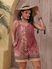 EMERY ROSE Mono estampado retro de talla grande, informal para el verano - Rojo - Ver 6