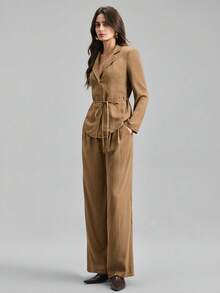 Ontre 两件套：棕色条纹西装外套和条纹长裤，适合现代都市派对、返校季、休闲波西米亚风、度假、节日、春季、情人节狂欢节、女士海滩派对优雅装扮 - 咖啡棕 - 查看 4