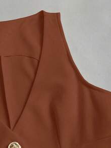 Sweetra Women's Casual Metal Button Faux Pocket Vest Jacket - Brown - View 3